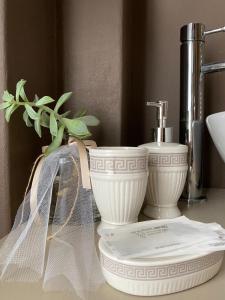 a bathroom counter with two white dishes and a sink at La Culla di Bacco in Castagnole Monferrato