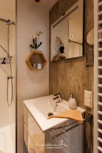 een badkamer met een wastafel en een spiegel bij Hausboot Boddenperle in Ribnitz-Damgarten