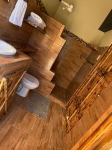 a bathroom with a wooden stairs leading to a toilet at Cabañas Tierra Fértil #2 