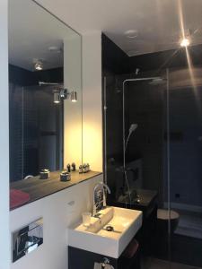 a bathroom with a sink and a mirror and a shower at B&B In de Schulp, retreat into your shell in Amstelveen