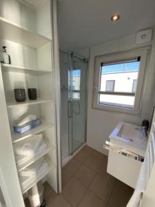 La salle de bains est pourvue d'une douche et d'un dressing. dans l'établissement Hausboot Auszeit - LP11, à Laasow