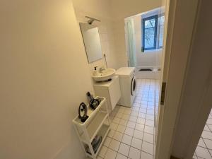 a white bathroom with a sink and a washing machine at Loft with Gym - Kitchen / WiFi / Free Parking in Berlin +29 photos