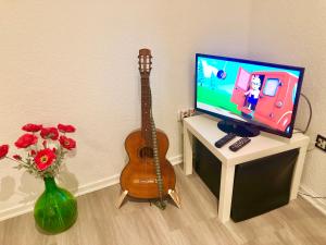 una guitarra y un televisor y un jarrón con flores en Der königliche Innengarten, frei nach Diego, en Mülheim an der Ruhr
