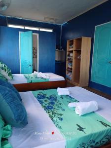 two beds in a room with blue walls at Chez Tonio Magic Ocean View in Rodrigues Island