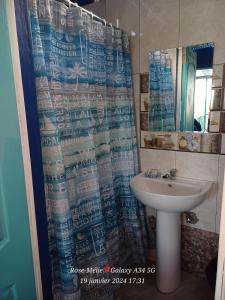 a bathroom with a sink and a shower curtain at Chez Tonio Magic Ocean View in Rodrigues Island