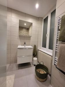 een witte badkamer met een wastafel en een spiegel bij Chez Michèle et Philippe in Munster
