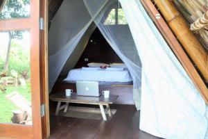 Bett in einem Zelt mit einem Laptop auf einem Tisch in der Unterkunft Dragon's Garden in Santa Cruz