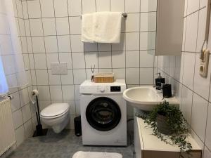 y baño con lavadora y lavamanos. en Wohntraum im Herzen von Pregarten, en Pregarten
