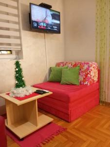 ein Wohnzimmer mit einem roten Sofa und einem TV in der Unterkunft Apartman Radmanovac 2 in Vrnjačka Banja