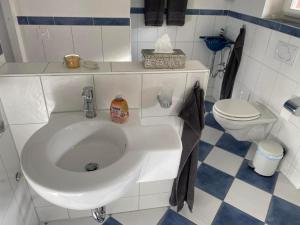 ein Badezimmer mit einem weißen Waschbecken und einem WC in der Unterkunft Bijou Höfen 