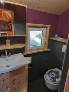 łazienka z umywalką, toaletą i oknem w obiekcie Einzigartige Holzhütte w mieście Beatenberg