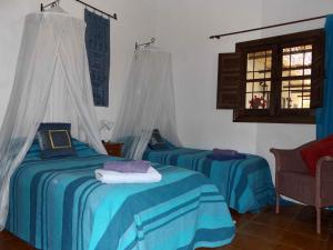 1 Schlafzimmer mit 2 Betten mit blauer Bettwäsche und einem Fenster in der Unterkunft Casa Almendros in Sedella
