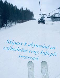 a pair of skis in the snow next to a ski lift at Pension Grizzly in Ludvíkov