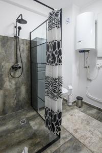 a bathroom with a shower curtain and a toilet at Apartament Radiana in Baile Felix