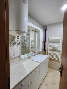 een badkamer met een wastafel en een grote spiegel bij SKY DWELLING TIRANA in Tirana