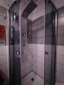 a shower with a glass door in a bathroom at Rochatka in Rabka-Zdrój