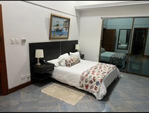 1 dormitorio con 1 cama grande y espejo en Porto Bello Hotel Boutique, en Puerto Colombia