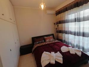a bedroom with a bed with a large window at DZ Apartment AXD in Alexandroupoli