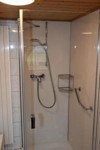 uma casa de banho com um chuveiro e uma porta de vidro em Bauernhof Sal em Bütschwil