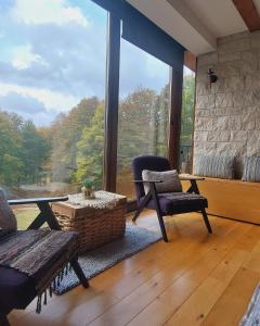 sala de estar con sillas y ventana grande en Vila Sun forest, en Žabljak