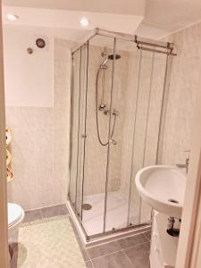 a bathroom with a shower and a sink at Basement Room in Mönchengladbach