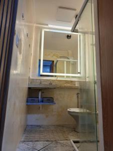 une salle de bain avec toilettes et miroir dans l'établissement Apartamento Aconchegante, à Praia Grande