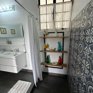 un baño con lavabo y ducha en Casa Flora 32, en Mixquiahuala