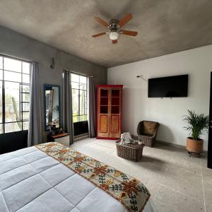 1 dormitorio con 1 cama y ventilador de techo en Casa Flora 32, en Mixquiahuala