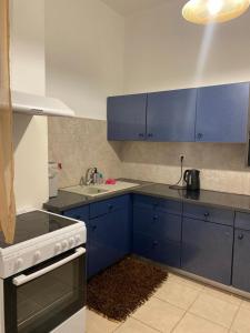 a kitchen with blue cabinets and a sink at Nefeli Β1 apartment in Thiva