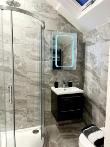 a bathroom with a shower and a sink and a mirror at Attic Room in Citywest in Dublin