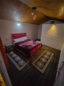 a bedroom with a bed and two rugs at Pandora Riverside Cafe & Stay in Kasol