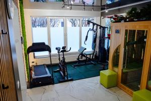 a room with a gym with bikes and a treadmill at Belle View Apart Hotel in Turda