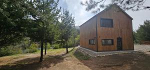 a small wooden house with trees in front of it at Casa del Rio in Villa Meliquina