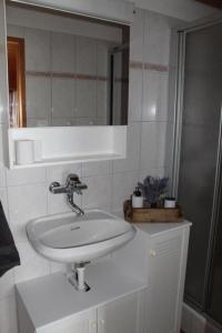 a bathroom with a white sink and a mirror at Sennastübli in Bühler
