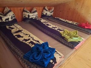 eine Gruppe von fünf Betten mit blauen Bogen darauf in der Unterkunft Sennastübli in Bühler