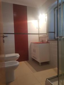 La salle de bains est pourvue de toilettes, d'un lavabo et d'un miroir. dans l'établissement Casa do Viso, à Oliveira do Hospital