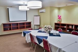 une salle de conférence avec une table et un écran de projection dans l'établissement Hotel Le Versailles, à Saint-Sauveur-des-Monts