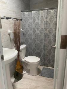 Baño pequeño con aseo y lavamanos en AC Rooms, Smart TV, Centric & 20 mins from Airport, en Loiza