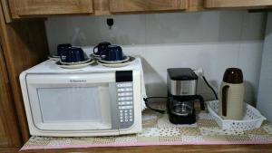 a microwave sitting on top of a kitchen counter at Apartamentos aconchegantes no centro da cidade in Cacoal