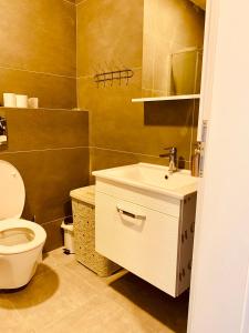 ein Badezimmer mit einem weißen Waschbecken und einem WC in der Unterkunft Spacious apartment next to Royall Mall on B Street in Pristina