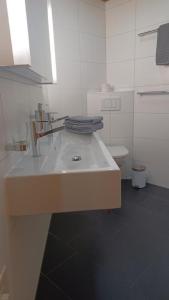 a white bathroom with a sink and a toilet at Unterkunft CASA LA RODA NR 5 URSIN in Sedrun