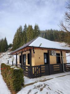 a small wooden cabin with snow on the roof at Cozy house Elena in Drăgoiasa