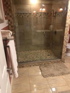 um chuveiro com uma porta de vidro na casa de banho em Plush garden level apartment near Stowe em Morristown