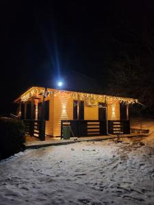 een huis met een licht erop 's nachts bij Cozy house Elena in Drăgoiasa