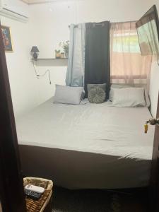 uma cama grande com duas almofadas num quarto em Peace and love house em Huacas