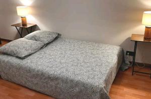 ein Schlafzimmer mit einem Bett mit zwei Lampen an zwei Tischen in der Unterkunft Très beau 2 pièces à 400m de Paris in Gentilly