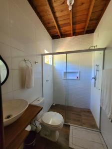 a bathroom with a toilet and a glass shower at Villa Park Chalés - A sua fazendinha ao lado do Beto Carrero in Penha