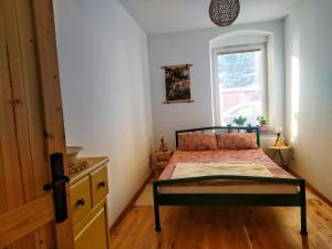 a bedroom with a bed and a window at Apartament Borówka in Jedlina-Zdrój