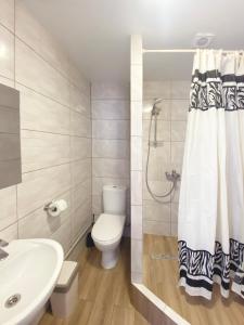 een badkamer met een toilet, een wastafel en een douche bij Апартаменты in Vinnytsya