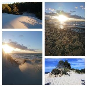 4 fotos diferentes de una playa con el sol brillando en Swojskie Chatki - Marynarska Chatka, en Smołdziński Las
